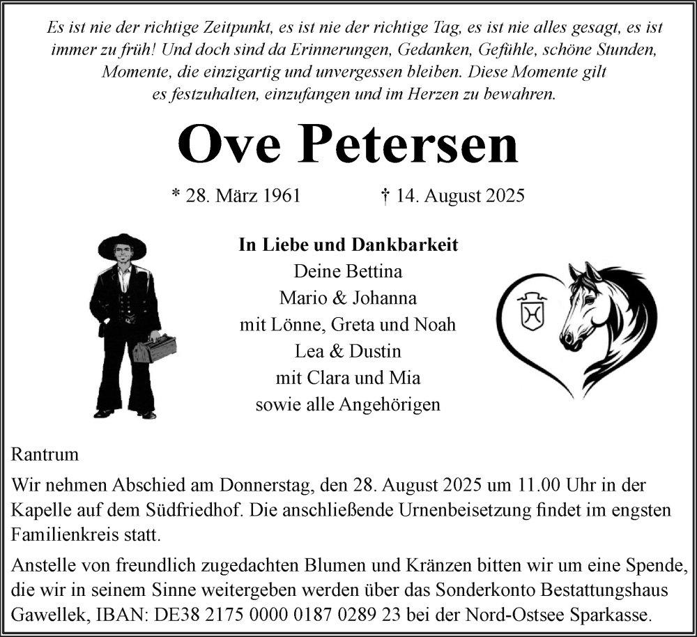  Traueranzeige für Ove Petersen vom 23.08.2025 aus Husumer Nachrichten, Nordfriesland Tageblatt