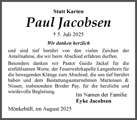 Traueranzeige von Paul Jacobsen von Husumer Nachrichten, Nordfriesland Tageblatt