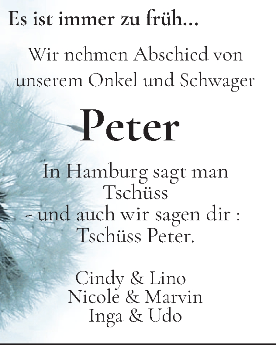 Traueranzeige von Peter  von Region Pinneberg und tip Pinneberg