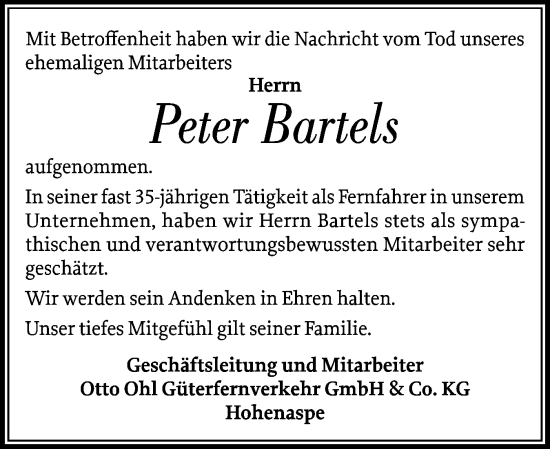 Traueranzeige von Peter Bartels von Norddeutsche Rundschau, Wilstersche Zeitung, Glückstädter Fortuna