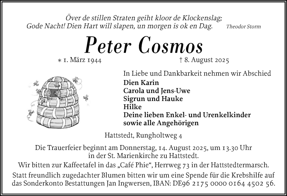  Traueranzeige für Peter Cosmos vom 12.08.2025 aus Husumer Nachrichten, Nordfriesland Tageblatt
