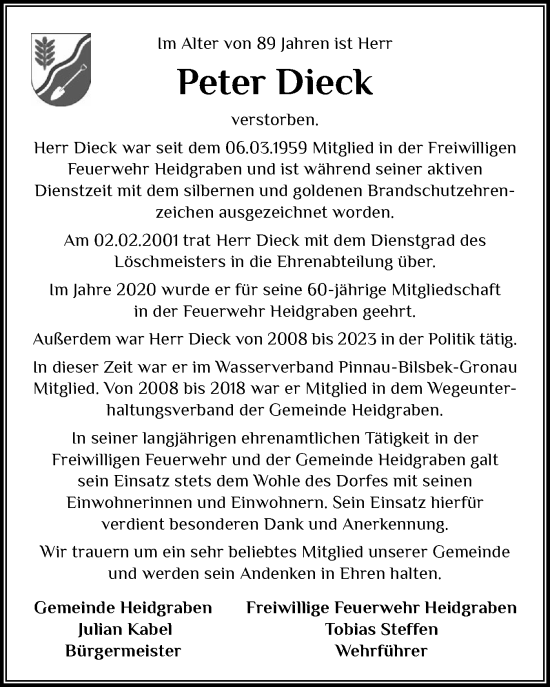 Traueranzeige von Peter Dieck von Uetersener Nachrichten, Der tip am Wochenende
