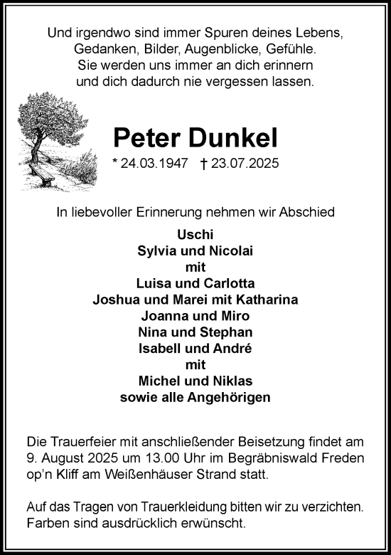 Traueranzeige von Peter Dunkel von Umschau