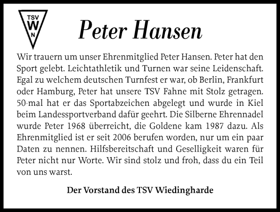 Traueranzeige von Peter Hansen von Husumer Nachrichten, Nordfriesland Tageblatt