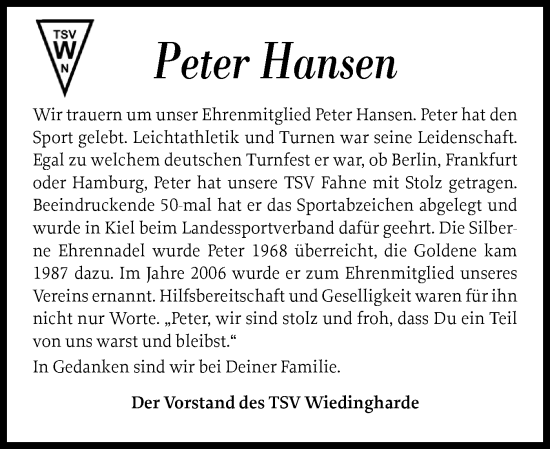 Traueranzeige von Peter Hansen von Husumer Nachrichten, Nordfriesland Tageblatt