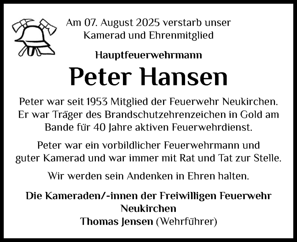  Traueranzeige für Peter Hansen vom 16.08.2025 aus Husumer Nachrichten, Nordfriesland Tageblatt