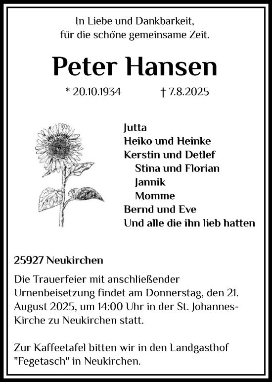 Traueranzeige von Peter Hansen von Husumer Nachrichten, Nordfriesland Tageblatt