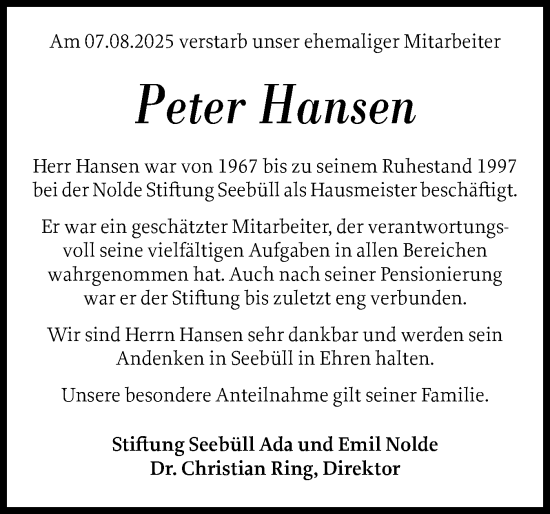 Traueranzeige von Peter Hansen von Husumer Nachrichten, Nordfriesland Tageblatt