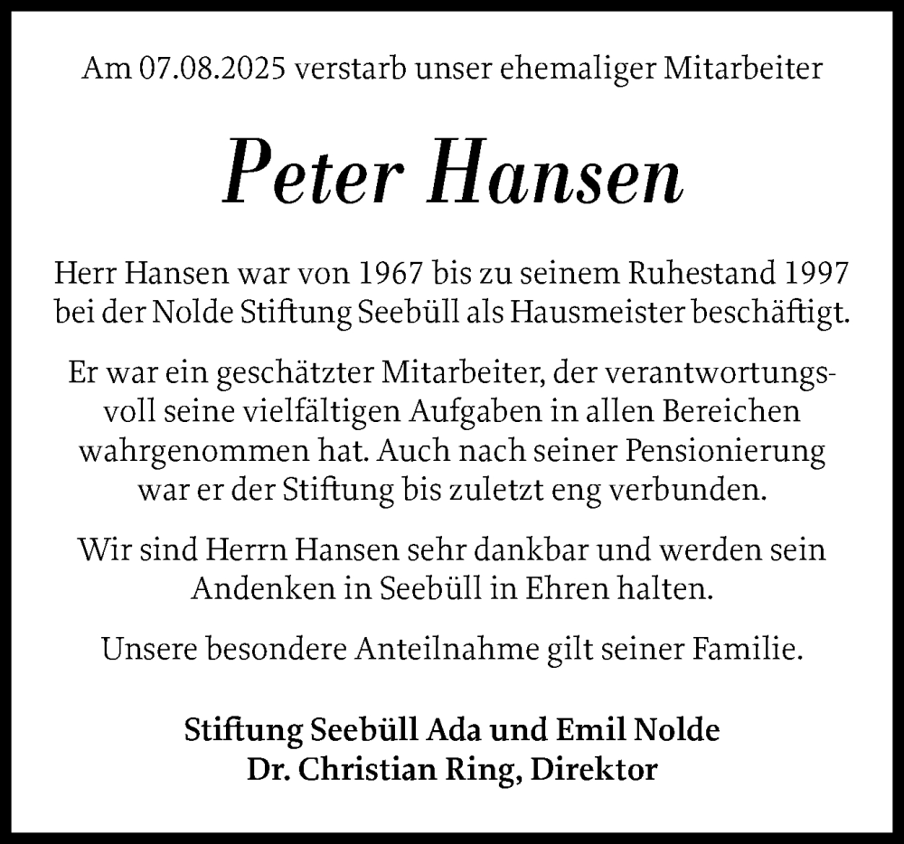 Traueranzeige für Peter Hansen vom 14.08.2025 aus Husumer Nachrichten, Nordfriesland Tageblatt