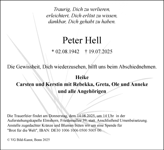 Traueranzeige von Peter Hell von Elmshorner Nachrichten, Barmstedter Zeitung