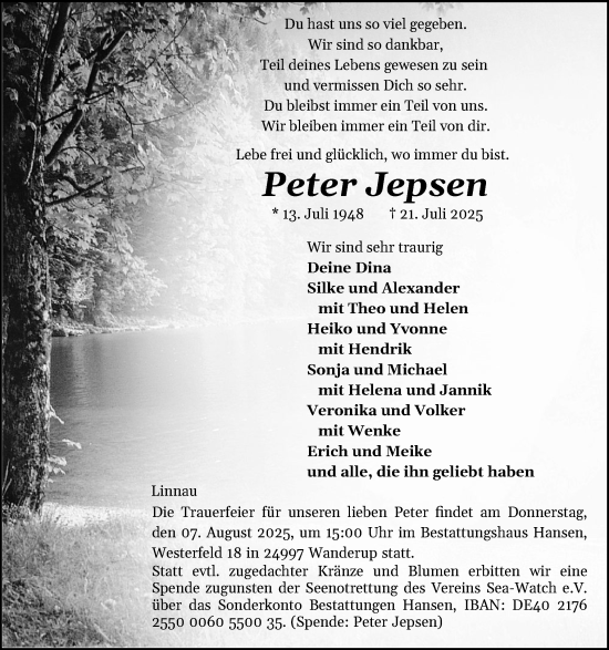 Traueranzeige von Peter Jepsen von Region Flensburg