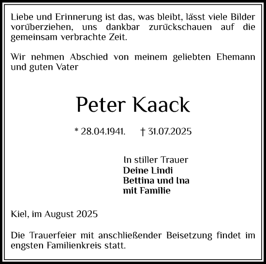 Traueranzeige von Peter Kaack von Holsteinischer Courier
