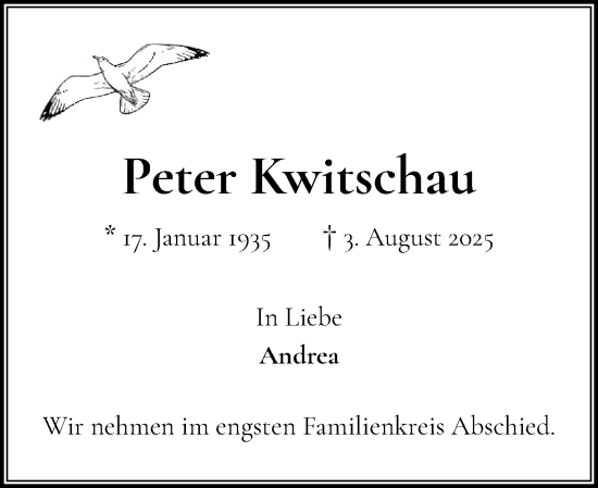 Traueranzeige von Peter Kwitschau von Wedel-Schulauer Tageblatt, tip Wedel-Schulauer Tageblatt, tip Rissener Rundschau