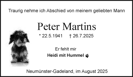 Traueranzeige von Peter Martins von Holsteinischer Courier