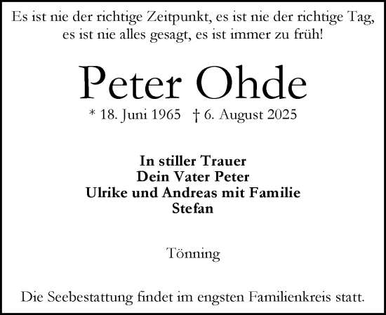 Traueranzeige von Peter Ohde von Husumer Nachrichten, Nordfriesland Tageblatt