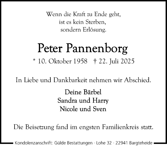 Traueranzeige von Peter Pannenborg von MARKT Ahrensburg/Bargteheide/Trittau und Stormarner Tageblatt
