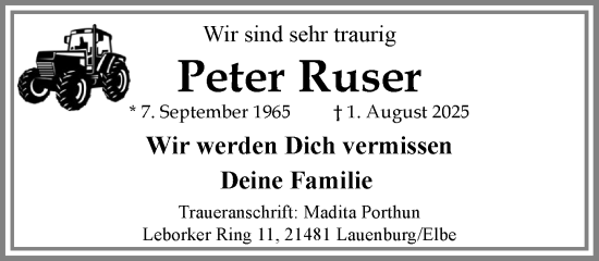 Traueranzeige von Peter Ruser von MARKT Ratzeburg/Mölln