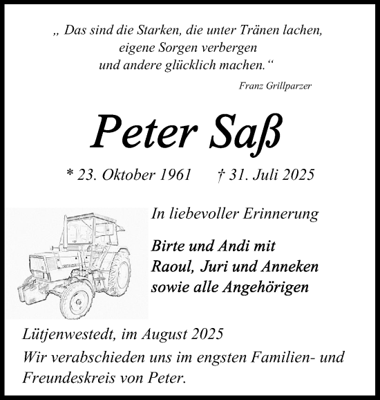 Traueranzeige von Peter Saß von Schleswig-Holsteinische Landeszeitung