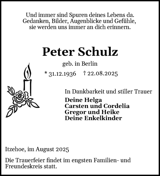 Traueranzeige von Peter Schulz von Norddeutsche Rundschau, Wilstersche Zeitung, Glückstädter Fortuna