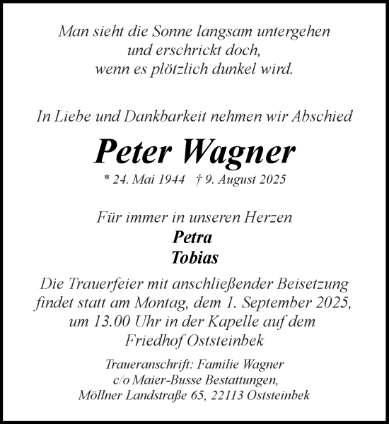 Traueranzeige von Peter Wagner von MARKT Glinde/Reinbek