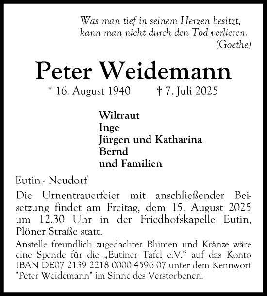 Traueranzeige von Peter Weidemann von Ostholsteiner Anzeiger