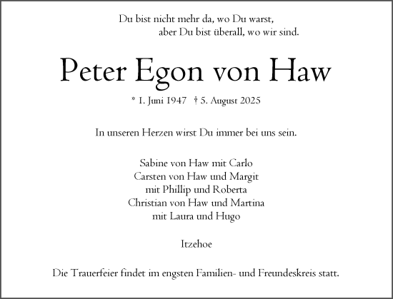 Traueranzeige von Peter Egon von Haw von Norddeutsche Rundschau, Wilstersche Zeitung, Glückstädter Fortuna