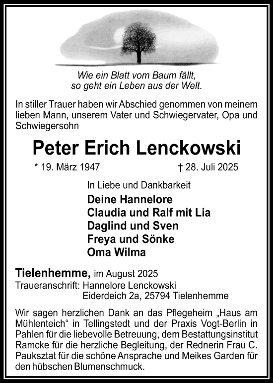 Traueranzeige von Peter Erich Lenckowski von Region Westküste