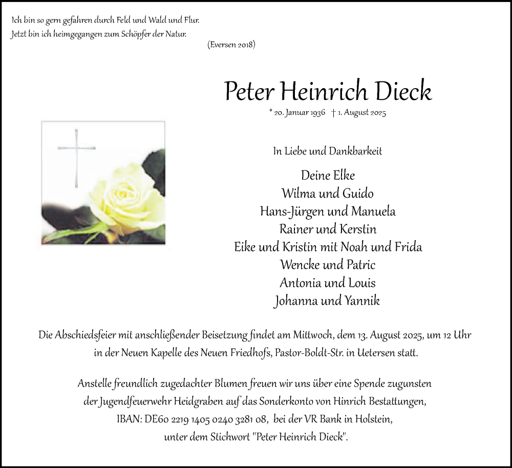  Traueranzeige für Peter Heinrich Dieck vom 09.08.2025 aus Uetersener Nachrichten, Der tip am Wochenende