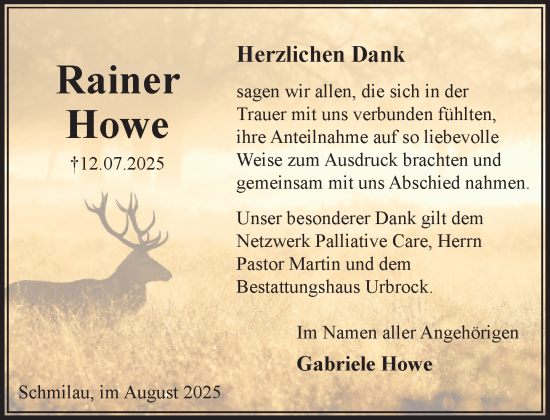 Traueranzeige von Rainer Howe von MARKT Ratzeburg/Mölln