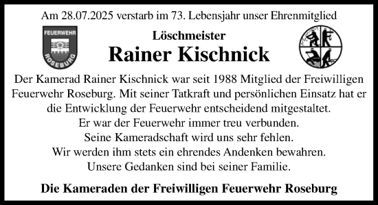 Traueranzeige von Rainer Kischnick von Wochenend Anzeiger