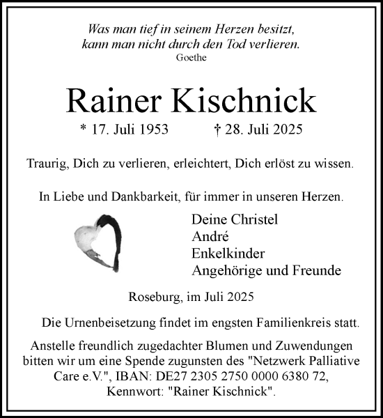 Traueranzeige von Rainer Kischnick von Wochenend Anzeiger