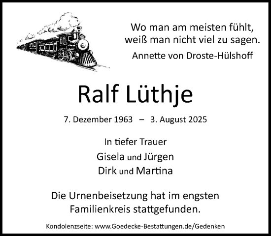 Traueranzeige von Ralf Lüthje von MARKT Ahrensburg/Bargteheide/Trittau und Stormarner Tageblatt