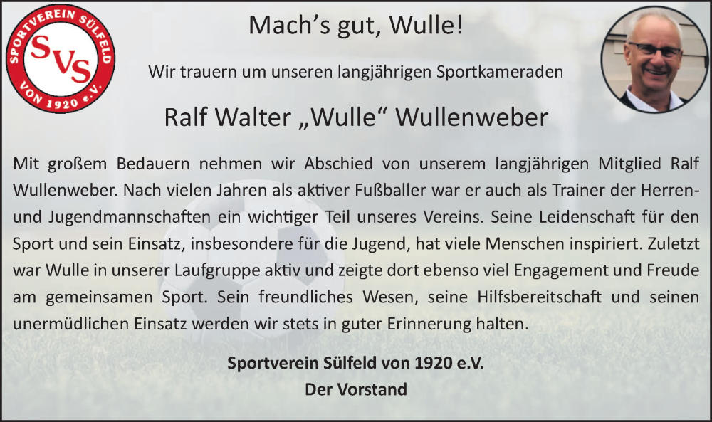  Traueranzeige für Ralf Walter Wullenweber vom 09.08.2025 aus MARKT Ahrensburg/Bargteheide/Trittau und Stormarner Tageblatt