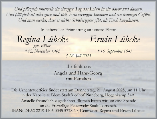 Traueranzeige von Regina Lübcke von Region Pinneberg und tip Pinneberg