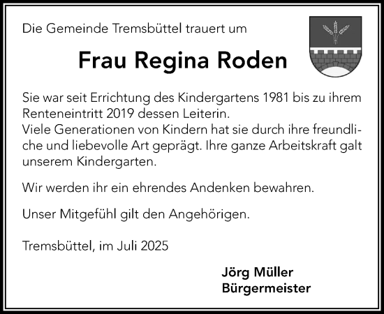 Traueranzeige von Regina Roden von MARKT Ahrensburg/Bargteheide/Trittau und Stormarner Tageblatt
