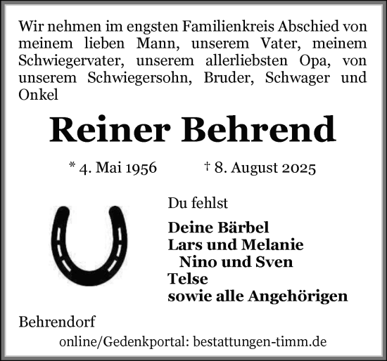Traueranzeige von Reiner Behrend von Husumer Nachrichten, Nordfriesland Tageblatt
