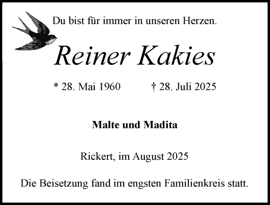 Traueranzeige von Reiner Kakies von Flensburger Tageblatt