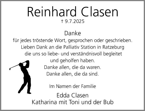 Traueranzeige von Reinhard Clasen von MARKT Ratzeburg/Mölln