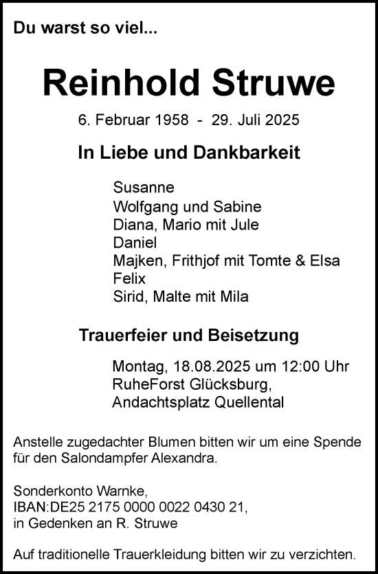Traueranzeige von Reinhold Struwe von Flensburger Tageblatt