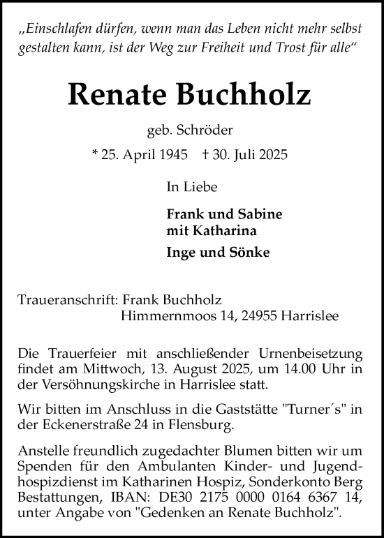 Traueranzeige von Renate Buchholz von Flensburger Tageblatt
