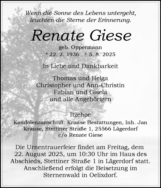 Traueranzeige von Renate Giese von Norddeutsche Rundschau, Wilstersche Zeitung, Glückstädter Fortuna