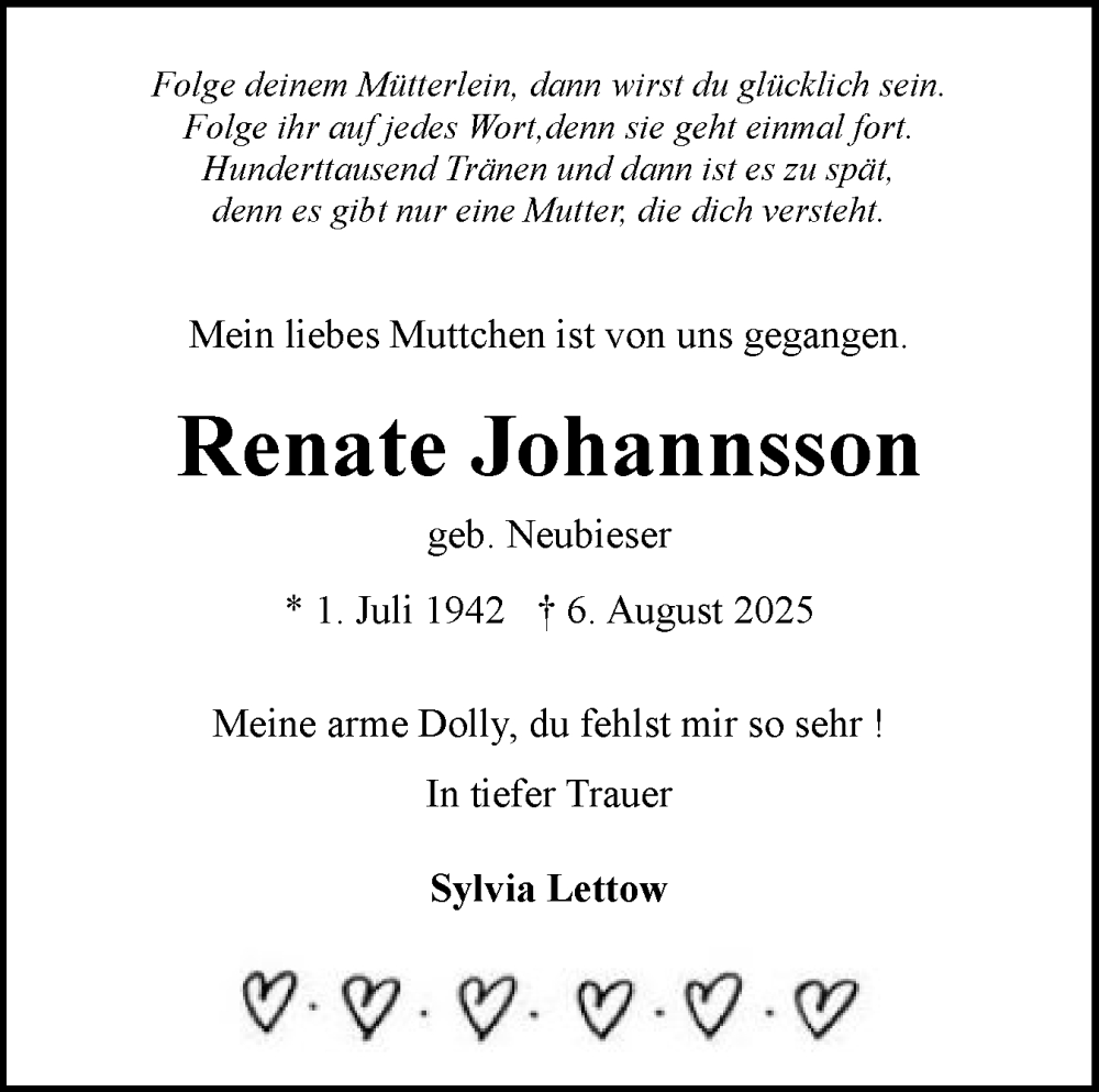  Traueranzeige für Renate Johannsson vom 30.08.2025 aus Flensburger Tageblatt