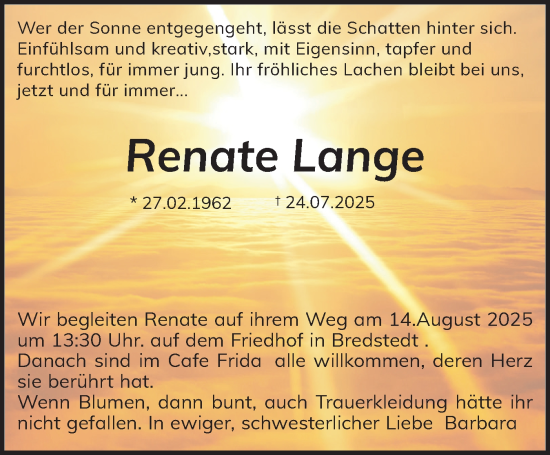 Traueranzeige von Renate Lange von Husumer Nachrichten, Nordfriesland Tageblatt