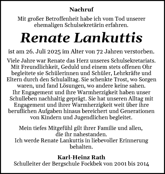 Traueranzeige von Renate Lankuttis von Schleswig-Holsteinische Landeszeitung