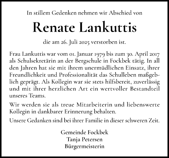 Traueranzeige von Renate Lankuttis von Schleswig-Holsteinische Landeszeitung
