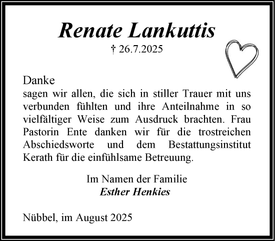 Traueranzeige von Renate Lankuttis von Schleswig-Holsteinische Landeszeitung