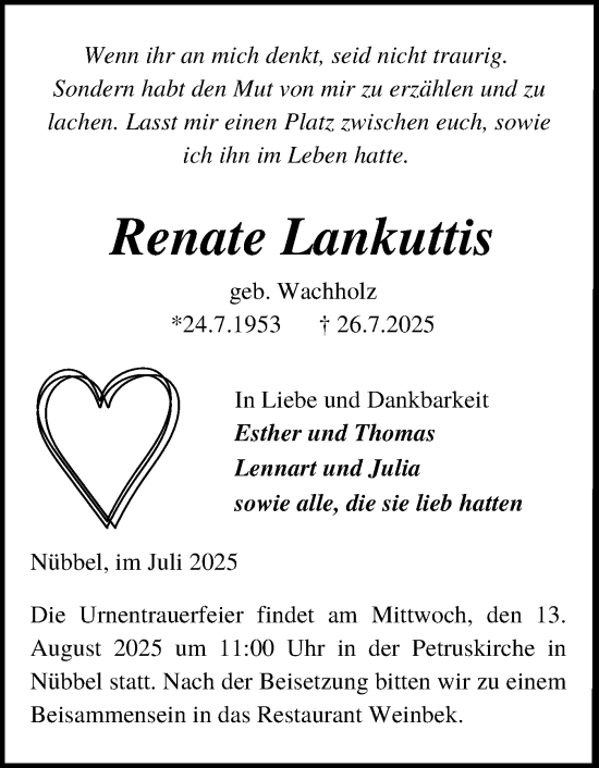 Traueranzeige von Renate Lankuttis von Schleswig-Holsteinische Landeszeitung