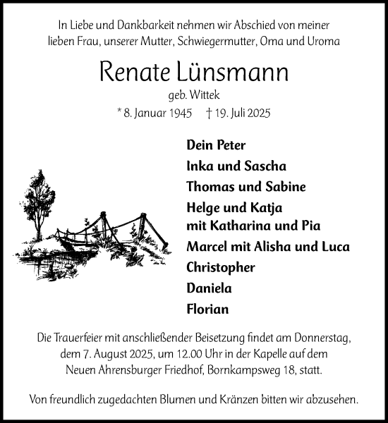 Traueranzeige von Renate Lünsmann von MARKT Ahrensburg/Bargteheide/Trittau und Stormarner Tageblatt