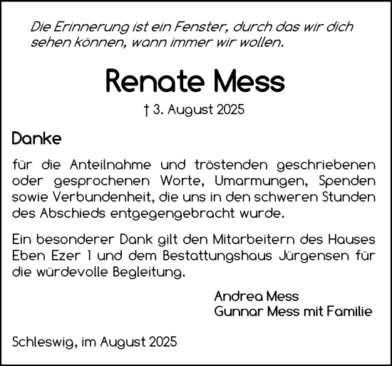 Traueranzeige von Renate Mess von Schleswiger Nachrichten, Schlei-Bote