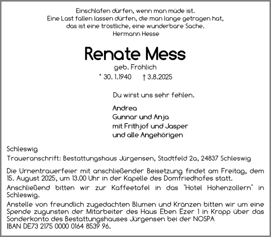 Traueranzeige von Renate Mess von Schleswiger Nachrichten, Schlei-Bote